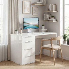 Bureau Fenbrook Informatique 4 Tiroirs Blanc Laqué Élégant et Fonctionnel