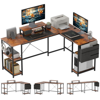 Bureau Isambard Industriel Modulable L ou Linéaire Noir & Bois Naturel 168-240 cm