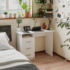 Bureau Mendata Design Épuré 3 Tiroirs Coulissants Étagère Alu Blanc
