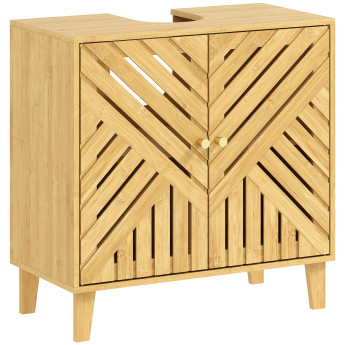 Meuble Sous Vasque Wisseval Bambou Naturel Design Nordique 2 Portes Étagère Réglable 60 cm
