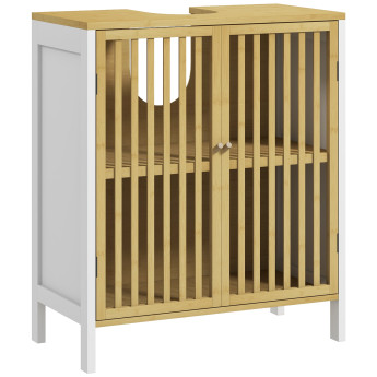 Meuble Sous Vasque Unterbach Bambou Blanc Naturel Rangement Salle de Bain Élégant Compact 60cm