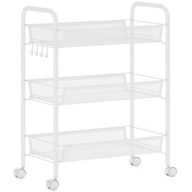 Desserte Konrad Rangement Mobile 3 Paniers 4 Crochets Acier Blanc Cuisine Buanderie