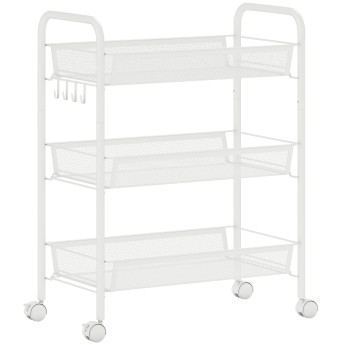 Desserte Konrad Rangement Mobile 3 Paniers 4 Crochets Acier Blanc Cuisine Buanderie