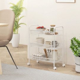 Desserte Konrad Rangement Mobile 3 Paniers 4 Crochets Acier Blanc Cuisine Buanderie