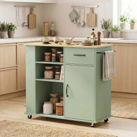 Desserte Leocadio Chariot Cuisine Mobile Rangement Vert Eau Bois Clair 96x38x87cm