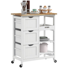 Desserte Olmillos Cuisine Mobile Rangement 3 Tiroirs 2 Étagères Blanc Bois Hévéa