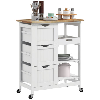 Desserte Olmillos Cuisine Mobile Rangement 3 Tiroirs 2 Étagères Blanc Bois Hévéa