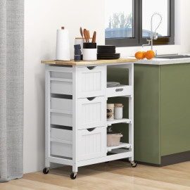 Desserte Olmillos Cuisine Mobile Rangement 3 Tiroirs 2 Étagères Blanc Bois Hévéa