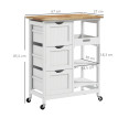 Desserte Olmillos Cuisine Mobile Rangement 3 Tiroirs 2 Étagères Blanc Bois Hévéa