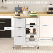 Desserte Olmillos Cuisine Mobile Rangement 3 Tiroirs 2 Étagères Blanc Bois Hévéa
