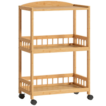 Desserte Castromare Bambou Élégant Mobile 3 Étagères Bois Naturel Roulettes Freins
