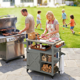 Desserte Péronelle Chariot Barbecue Bois Massif Acier Inox Gris 107x49x92cm