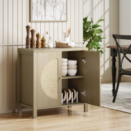 Buffet Arnaldo Style Bohème Rotin Effet Bois Naturel Taupe Rangement Élégant 75 cm