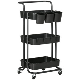 Desserte Stonebeck Chariot Cuisine Mobile Rangement Noir Acier ABS 3 Étagères