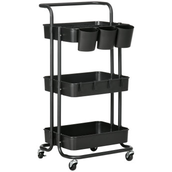 Desserte Stonebeck Chariot Cuisine Mobile Rangement Noir Acier ABS 3 Étagères
