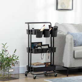 Desserte Stonebeck Chariot Cuisine Mobile Rangement Noir Acier ABS 3 Étagères