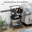 Desserte Stonebeck Chariot Cuisine Mobile Rangement Noir Acier ABS 3 Étagères