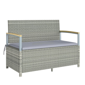 Banc coffre Lothar 2 places rangement extérieur coussin gris clair bois acacia 120x60cm