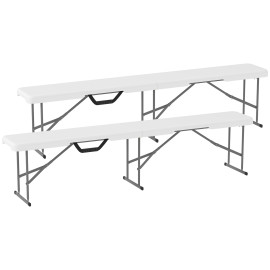 Lot Ingelbert 2 Bancs Jardin Pliables Résistants HDPE Métal Blanc Camping Extérieur