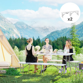 Lot Ingelbert 2 Bancs Jardin Pliables Résistants HDPE Métal Blanc Camping Extérieur