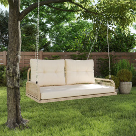Banc suspendu Dietlinde 2 places résine tressée confort jardin beige bois naturel