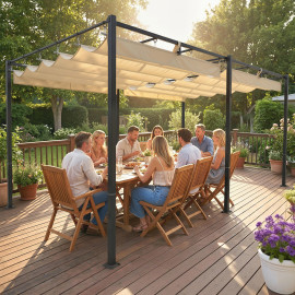 Pergola Fulgencio double toit rétractable UV50+ extérieur beige métal 570x295cm