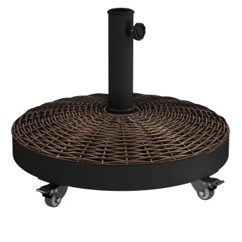 Pied de parasol Kunigunde lesté 22 kg résine rotin stabilité roulettes chocolat
