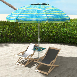 Parasol Jomeval Inclinable UV50+ Ø190 cm Bleu Vert Blanc avec Table Porte-Gobelets