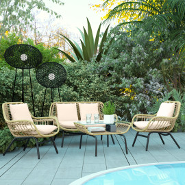 Salon de jardin Distelbach 4 places exotique résistant coussins confort beige noir