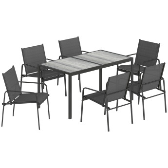 Salon de jardin Tugdual 6 places extérieur confortable effet bois noir gris