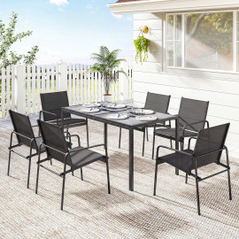 Salon de jardin Tugdual 6 places extérieur confortable effet bois noir gris