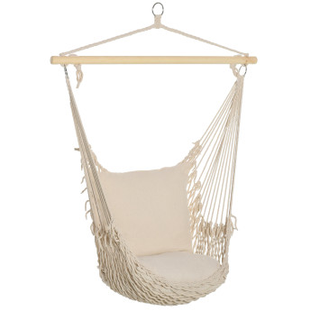 Fauteuil Suspendu Auberive Hamac Extérieur Confortable Beige Bois Macramé Coussin