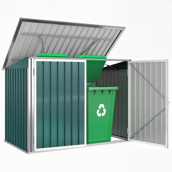 Abri de Jardin Leuthard 2 Portes Toit Ouvrant Vert Blanc Résistant Intempéries Rangement Poubelles Vélos