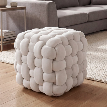 Pouf HWC-Q48, pouf ottomane rembourré à noeuds, velours (220 g/m2) 39 cm - beige