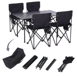 Ensemble de camping HWC-Q39, table et 4 chaises pliantes, chaises de péche pliables, métal et tissu