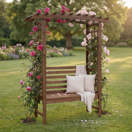 Arche à roses avec banc HWC-Q21, arche de jardin, tuteur, banc de jardin en bois, certifié MVG, 201