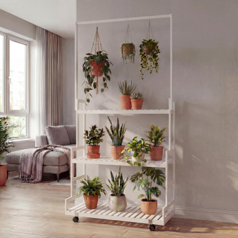 étagére à plantes en bambou HWC-Q33, étagére en escalier pour fleurs, tige avec 3 étagéres et roulet