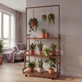 étagére à plantes en bambou HWC-Q33, étagére en escalier pour fleurs, tige avec 3 tablettes et roule