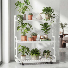étagére à plantes en bambou HWC-Q33, étagére en escalier pour fleurs, 3 niveaux, roulettes, 105 x 90