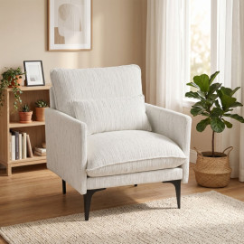 Fauteuil Aris salon rembourré tissu effet lin accoudoirs blanc