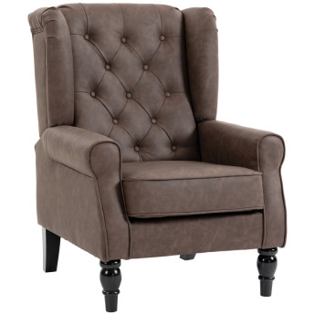 Olys Fauteuil Chambre Cuir PU Large Accoudoirs Pieds Bois Marron