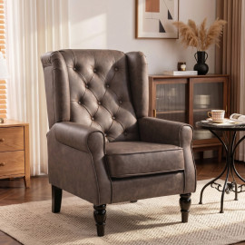 Olys Fauteuil Chambre Cuir PU Large Accoudoirs Pieds Bois Marron