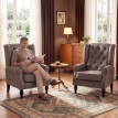 Olys Fauteuil Chambre Cuir PU Large Accoudoirs Pieds Bois Marron