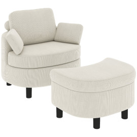 Fauteuil Perier relax avec pouf de rangement velours côtelé blanc crème