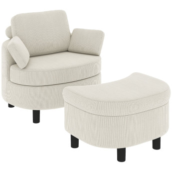 Fauteuil Perier relax avec pouf de rangement velours côtelé blanc crème