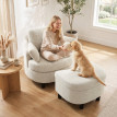 Fauteuil Perier relax avec pouf de rangement velours côtelé blanc crème