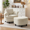 Fauteuil Perier relax avec pouf de rangement velours côtelé blanc crème