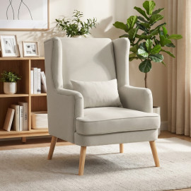 Fauteuil Falvik à oreilles aspect lin dossier haut beige