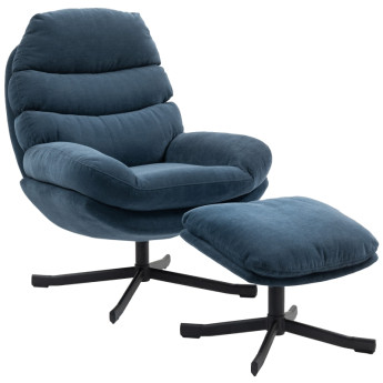 Fauteuil relax Enrio lounge pivotant avec ottomane tissu chenille bleu