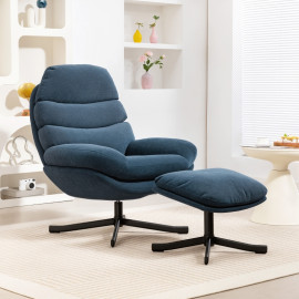 Fauteuil relax Enrio lounge pivotant avec ottomane tissu chenille bleu